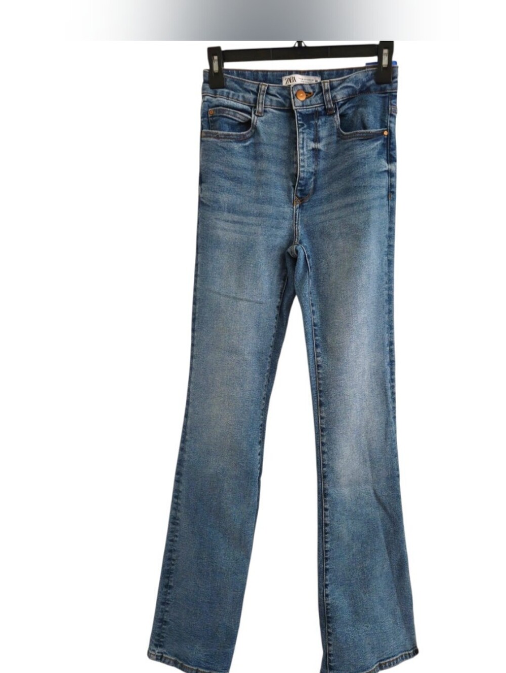 Zara Flare Leg High Rise Jeans Size 4 Medium Wash Y2K Full Length - Picture 2 of 6